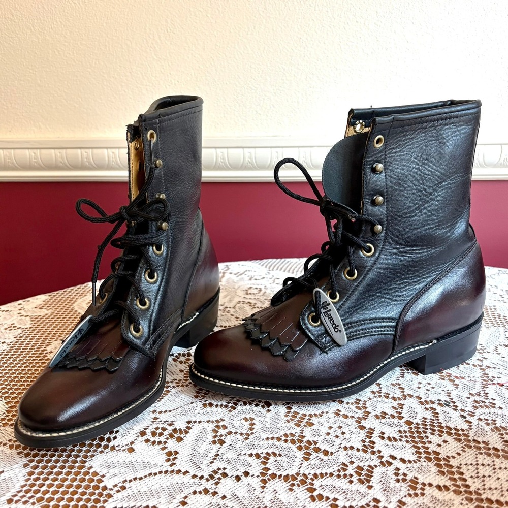 Vintage Laredo Leather Roper Boots Oxblood & Black Kiltie 8 USA Dark Americana